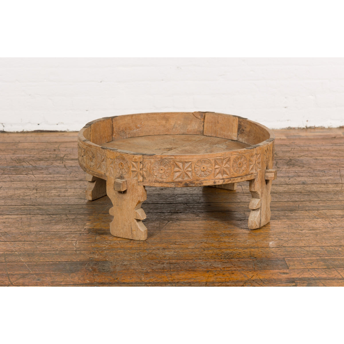 Indian 1920s Teak Chakki Grinding Table with Hand-Carved Geometric Décor-2. Asian & Chinese Furniture, Art, Antiques, Vintage Home Décor for sale at FEA Home