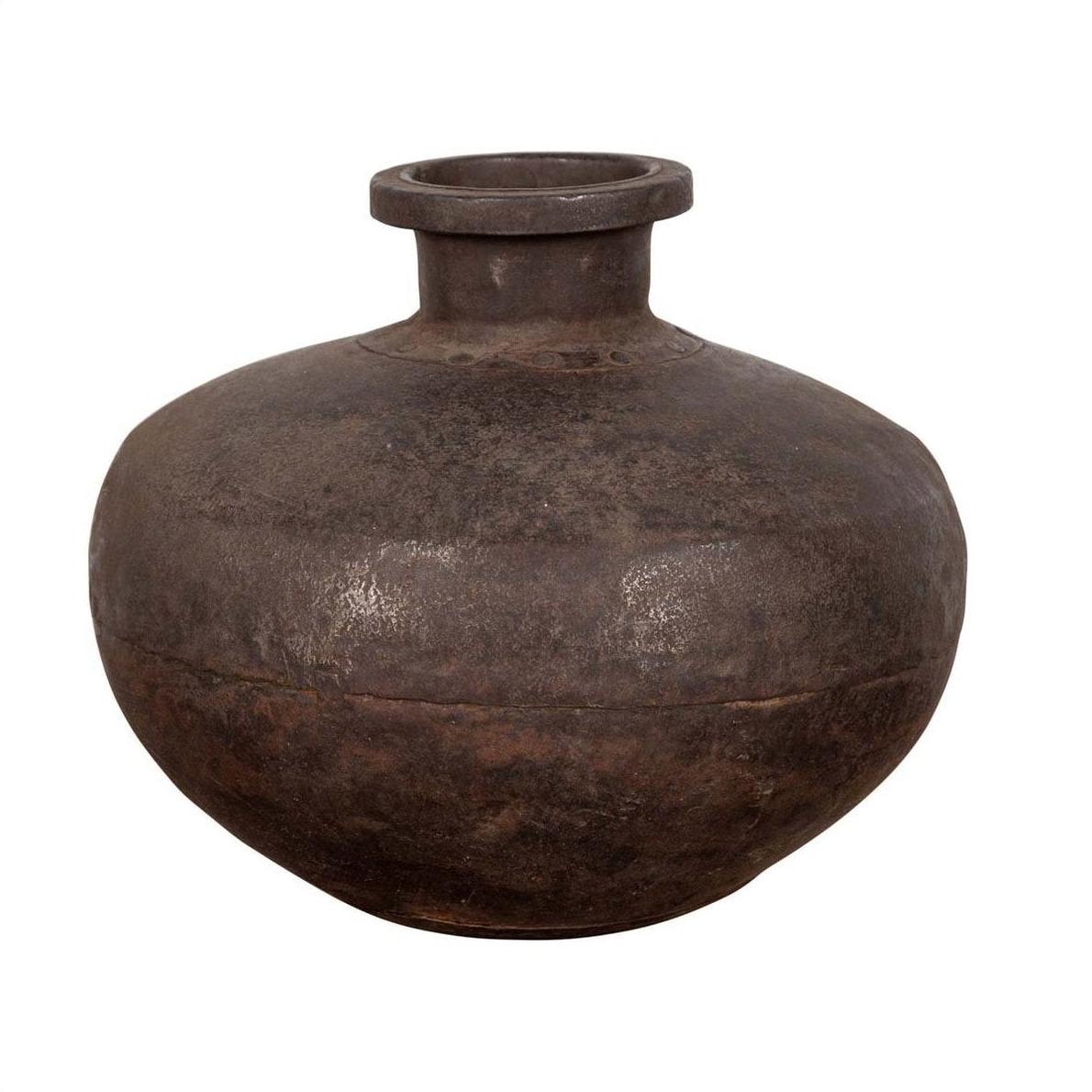 Close-up of a silver-toned 19th-century Indian metal water jar with a generous belly and protruding lip.