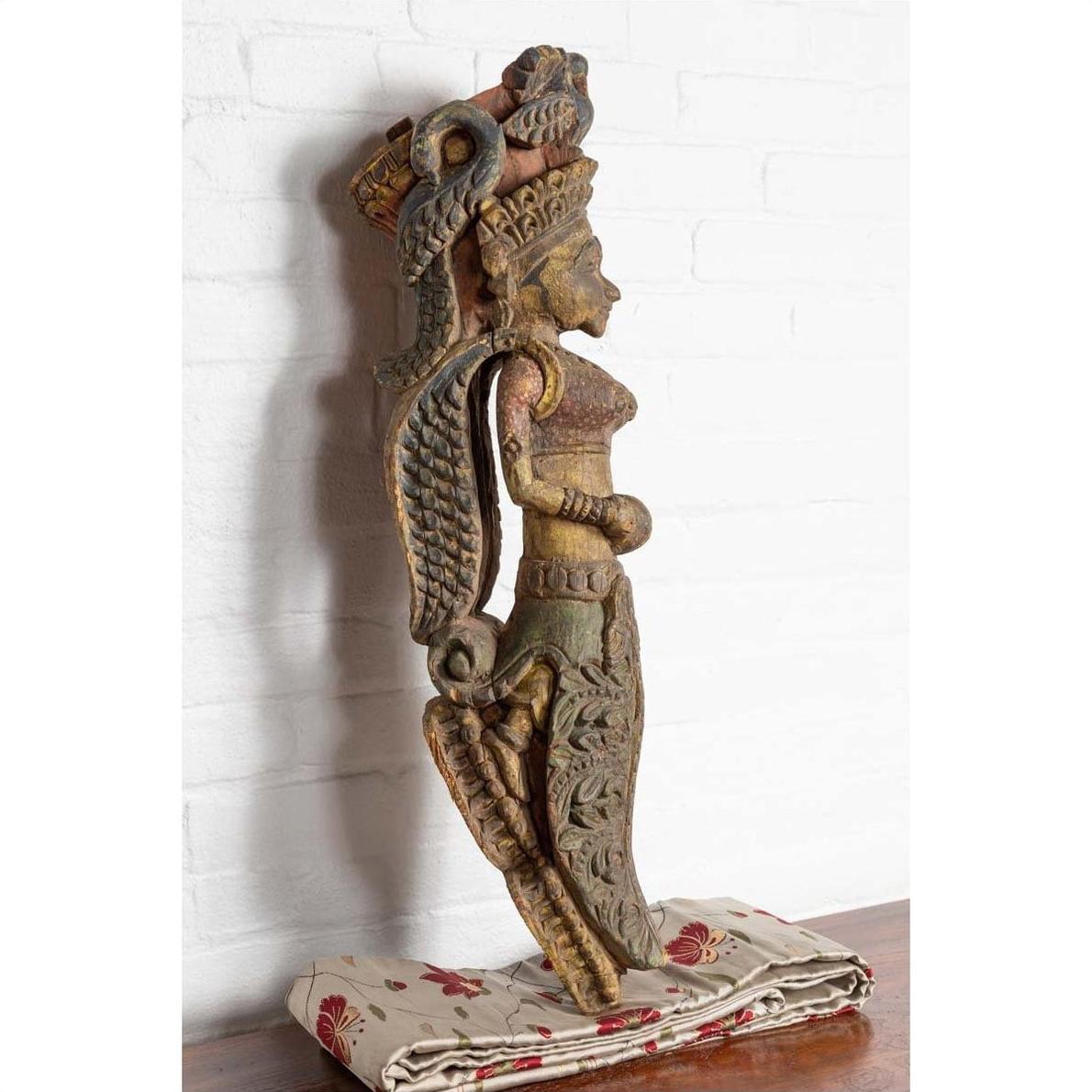Indian Antique Polychrome Hand Carved Statue Depicting a Celestial Musician-11. Asian &amp; Chinese Furniture, Art, Antiques, Vintage Home Décor for sale at FEA Home