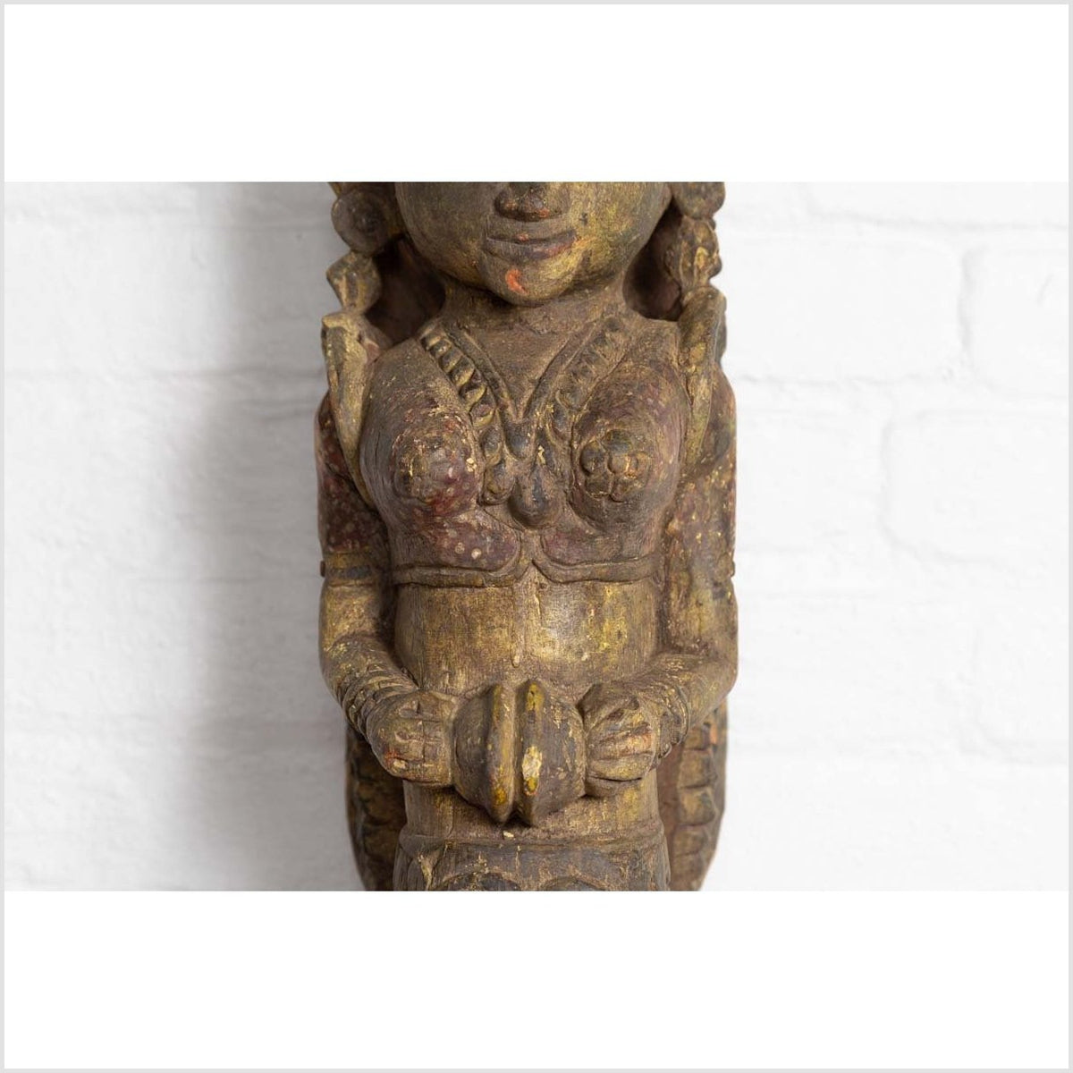 Indian Antique Polychrome Hand Carved Statue Depicting a Celestial Musician-5. Asian &amp; Chinese Furniture, Art, Antiques, Vintage Home Décor for sale at FEA Home