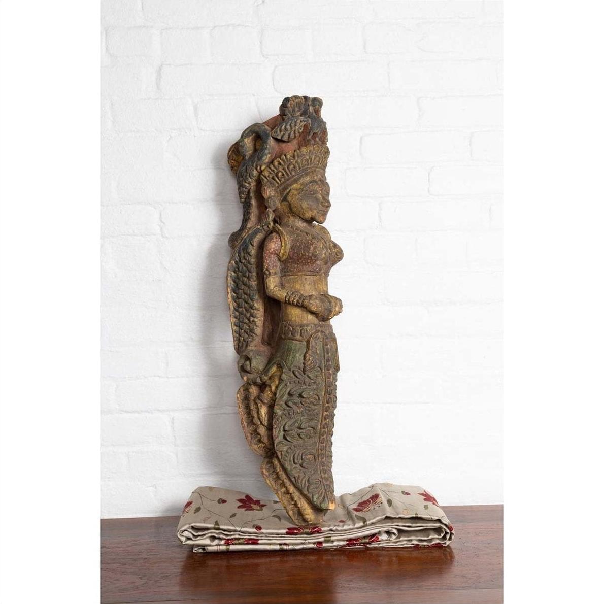 Indian Antique Polychrome Hand Carved Statue Depicting a Celestial Musician-7. Asian &amp; Chinese Furniture, Art, Antiques, Vintage Home Décor for sale at FEA Home