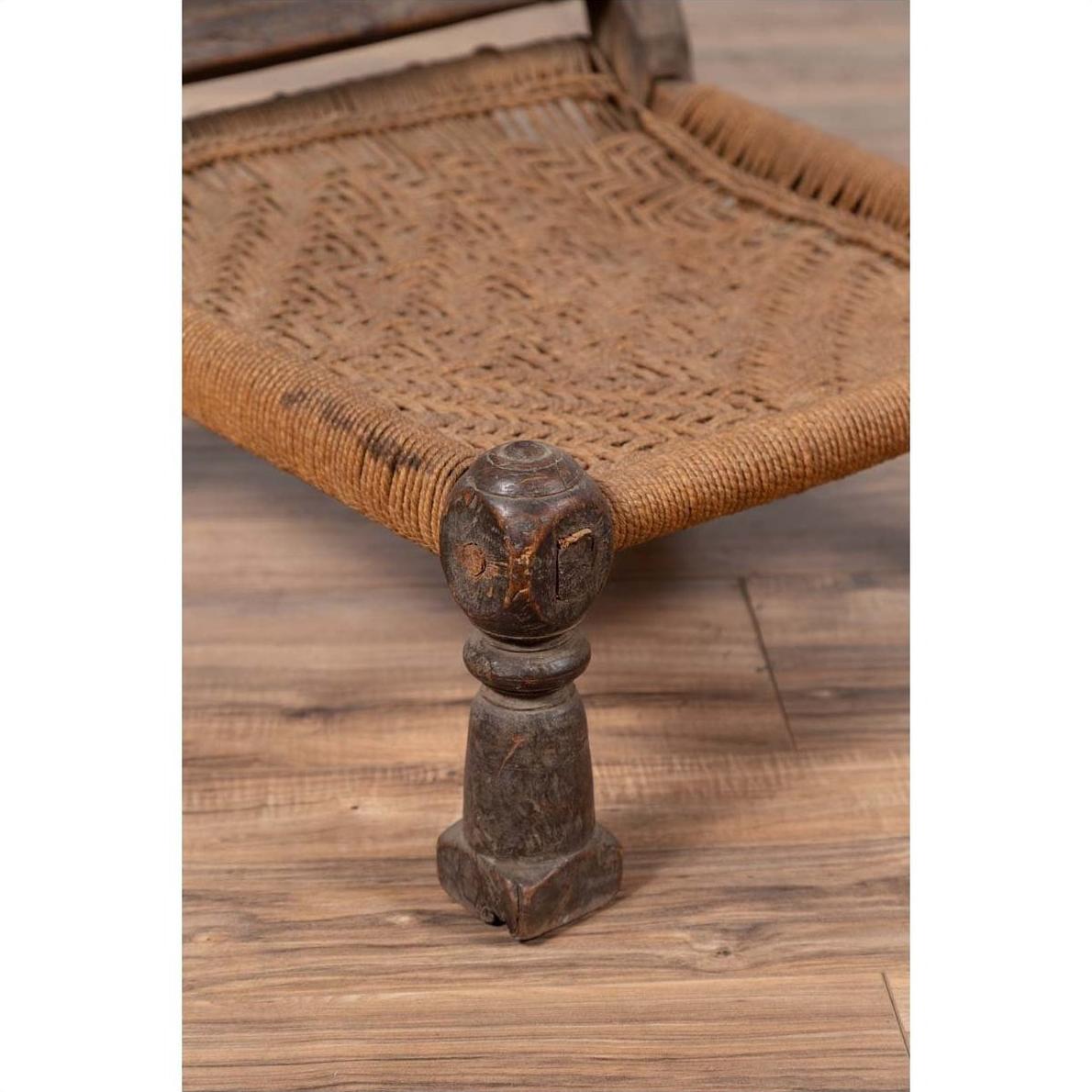 Indian Antique Rustic Low Seat Wooden Chair with Carved Rosettes and Rope Seat-11. Asian &amp; Chinese Furniture, Art, Antiques, Vintage Home Décor for sale at FEA Home