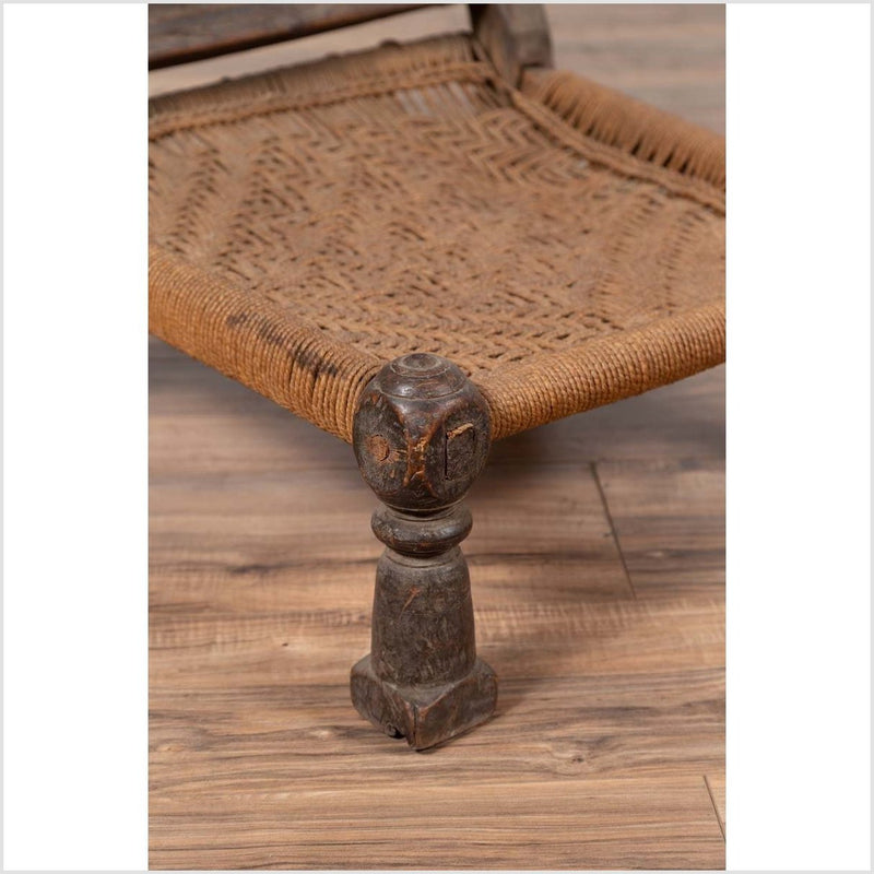 Indian Antique Rustic Low Seat Wooden Chair with Carved Rosettes and Rope Seat-YN6417-11. Asian & Chinese Furniture, Art, Antiques, Vintage Home Décor for sale at FEA Home