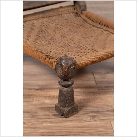 Indian Antique Rustic Low Seat Wooden Chair with Carved Rosettes and Rope Seat-YN6417-11. Asian & Chinese Furniture, Art, Antiques, Vintage Home Décor for sale at FEA Home
