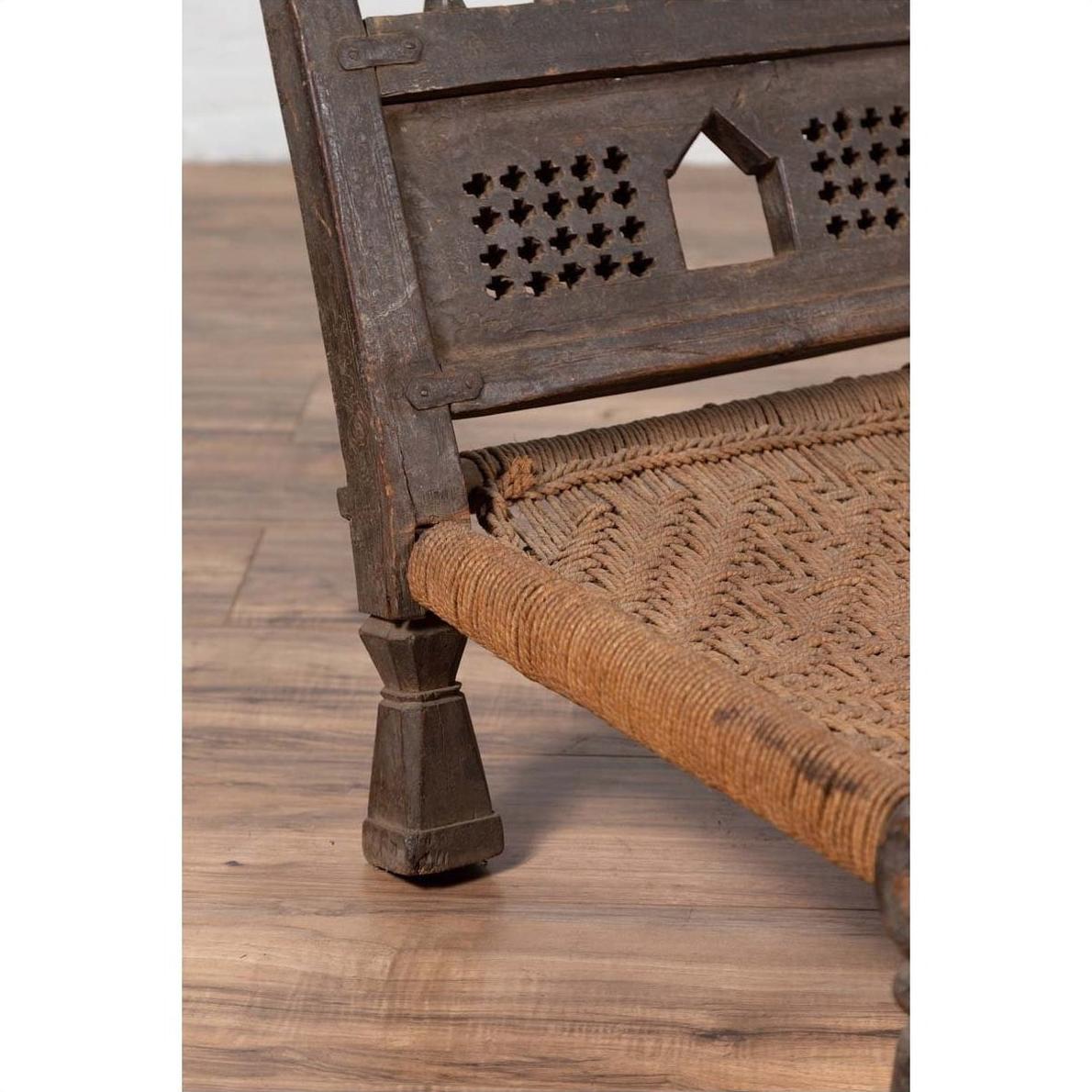 Indian Antique Rustic Low Seat Wooden Chair with Carved Rosettes and Rope Seat-12. Asian &amp; Chinese Furniture, Art, Antiques, Vintage Home Décor for sale at FEA Home