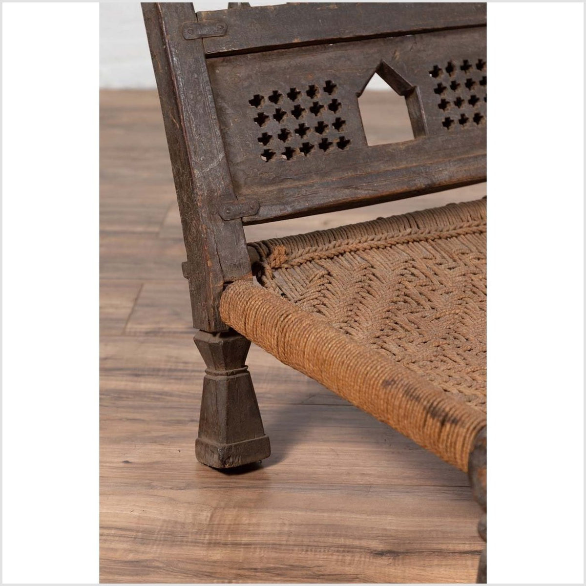 Indian Antique Rustic Low Seat Wooden Chair with Carved Rosettes and Rope Seat-12. Asian &amp; Chinese Furniture, Art, Antiques, Vintage Home Décor for sale at FEA Home