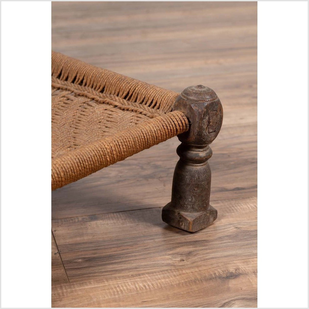 Indian Antique Rustic Low Seat Wooden Chair with Carved Rosettes and Rope Seat-13. Asian &amp; Chinese Furniture, Art, Antiques, Vintage Home Décor for sale at FEA Home