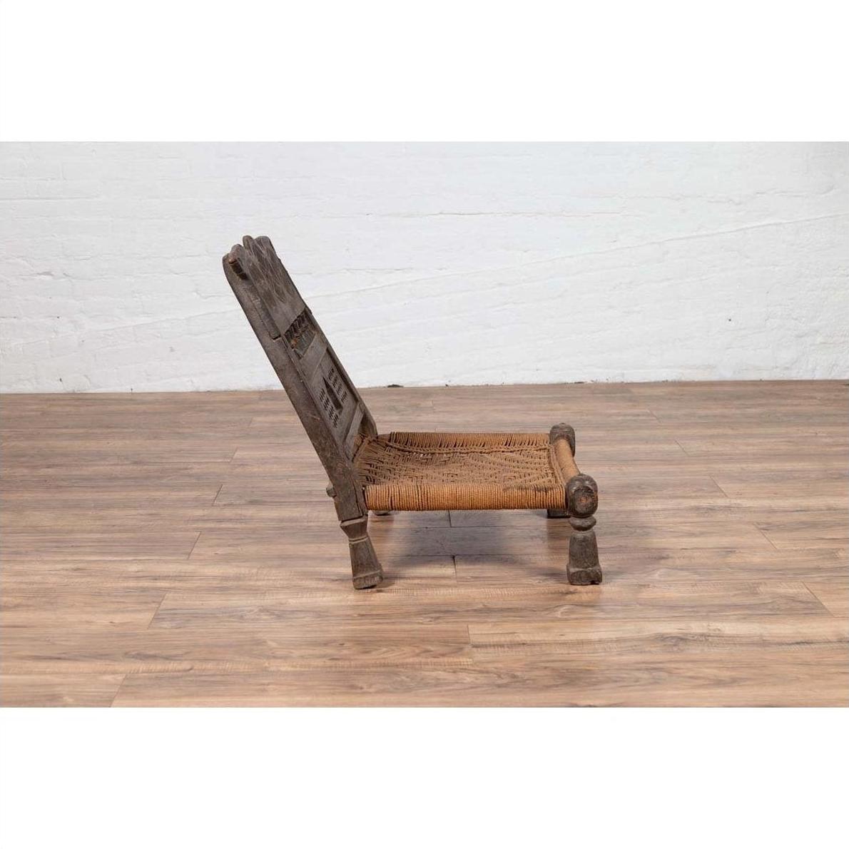 Indian Antique Rustic Low Seat Wooden Chair with Carved Rosettes and Rope Seat-14. Asian &amp; Chinese Furniture, Art, Antiques, Vintage Home Décor for sale at FEA Home