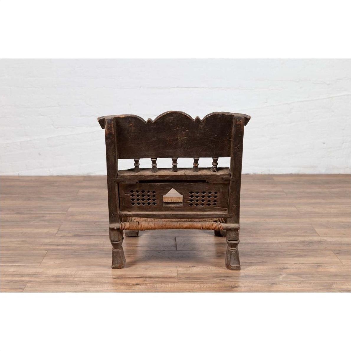 Indian Antique Rustic Low Seat Wooden Chair with Carved Rosettes and Rope Seat-15. Asian &amp; Chinese Furniture, Art, Antiques, Vintage Home Décor for sale at FEA Home