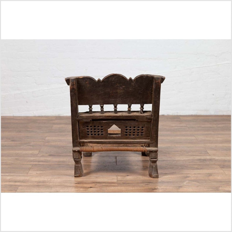 Indian Antique Rustic Low Seat Wooden Chair with Carved Rosettes and Rope Seat-YN6417-15. Asian & Chinese Furniture, Art, Antiques, Vintage Home Décor for sale at FEA Home