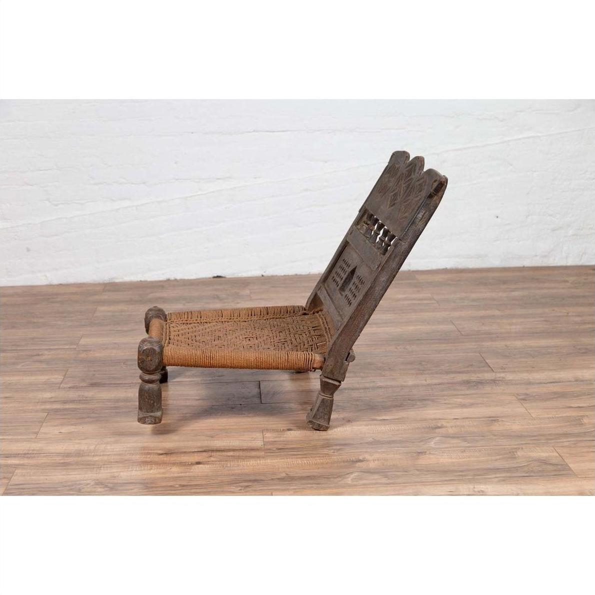 Indian Antique Rustic Low Seat Wooden Chair with Carved Rosettes and Rope Seat-16. Asian &amp; Chinese Furniture, Art, Antiques, Vintage Home Décor for sale at FEA Home