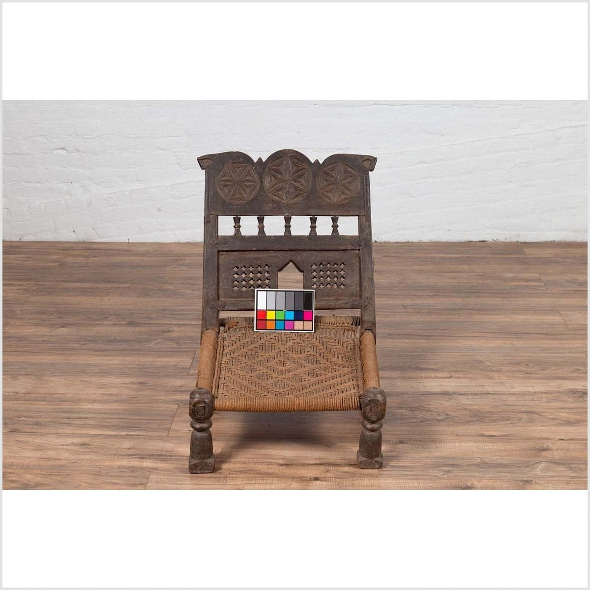 Indian Antique Rustic Low Seat Wooden Chair with Carved Rosettes and Rope Seat-3. Asian &amp; Chinese Furniture, Art, Antiques, Vintage Home Décor for sale at FEA Home