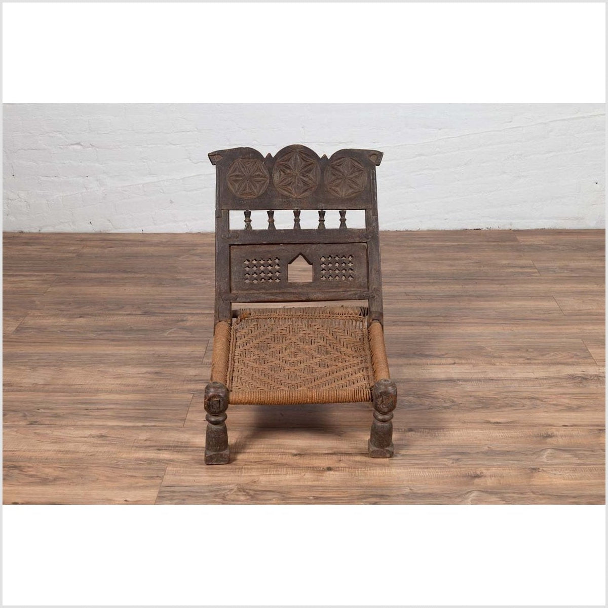Indian Antique Rustic Low Seat Wooden Chair with Carved Rosettes and Rope Seat-4. Asian &amp; Chinese Furniture, Art, Antiques, Vintage Home Décor for sale at FEA Home