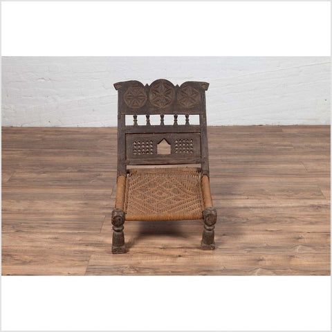 Indian Antique Rustic Low Seat Wooden Chair with Carved Rosettes and Rope Seat-YN6417-4. Asian & Chinese Furniture, Art, Antiques, Vintage Home Décor for sale at FEA Home