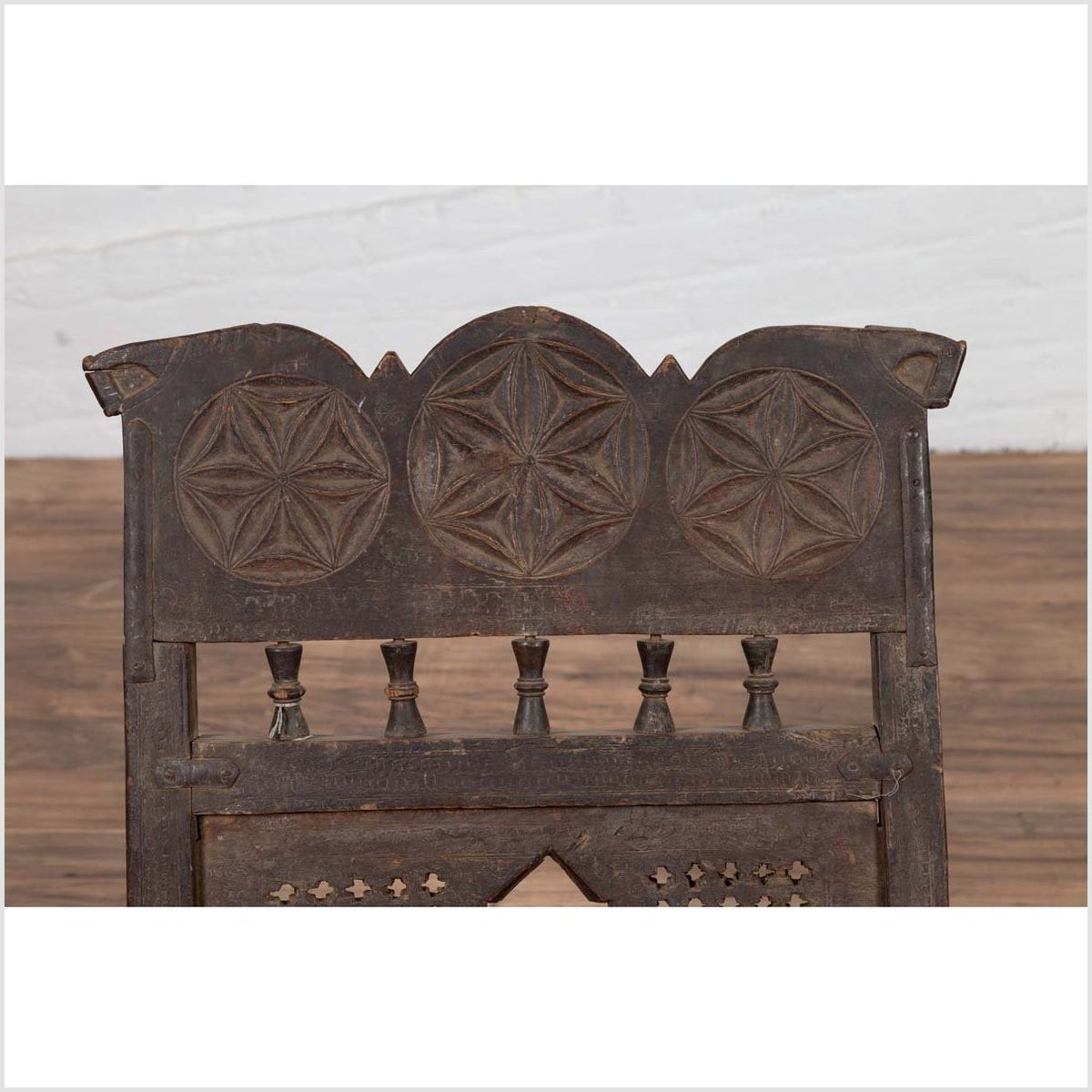 Indian Antique Rustic Low Seat Wooden Chair with Carved Rosettes and Rope Seat-5. Asian &amp; Chinese Furniture, Art, Antiques, Vintage Home Décor for sale at FEA Home