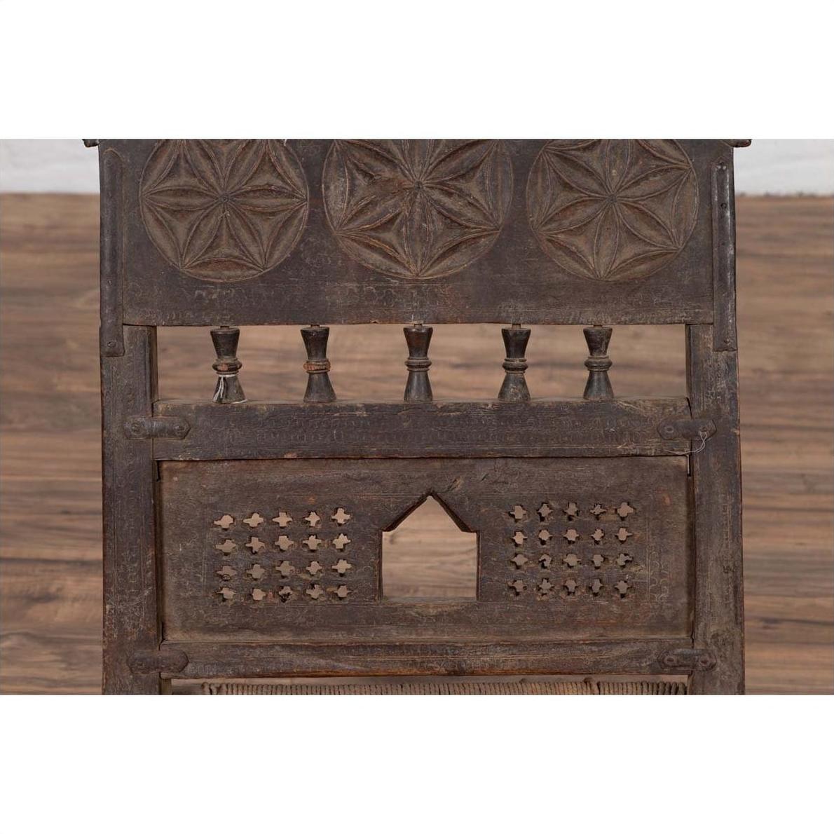 Indian Antique Rustic Low Seat Wooden Chair with Carved Rosettes and Rope Seat-6. Asian &amp; Chinese Furniture, Art, Antiques, Vintage Home Décor for sale at FEA Home