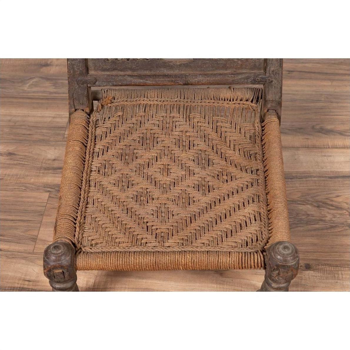 Indian Antique Rustic Low Seat Wooden Chair with Carved Rosettes and Rope Seat-7. Asian &amp; Chinese Furniture, Art, Antiques, Vintage Home Décor for sale at FEA Home
