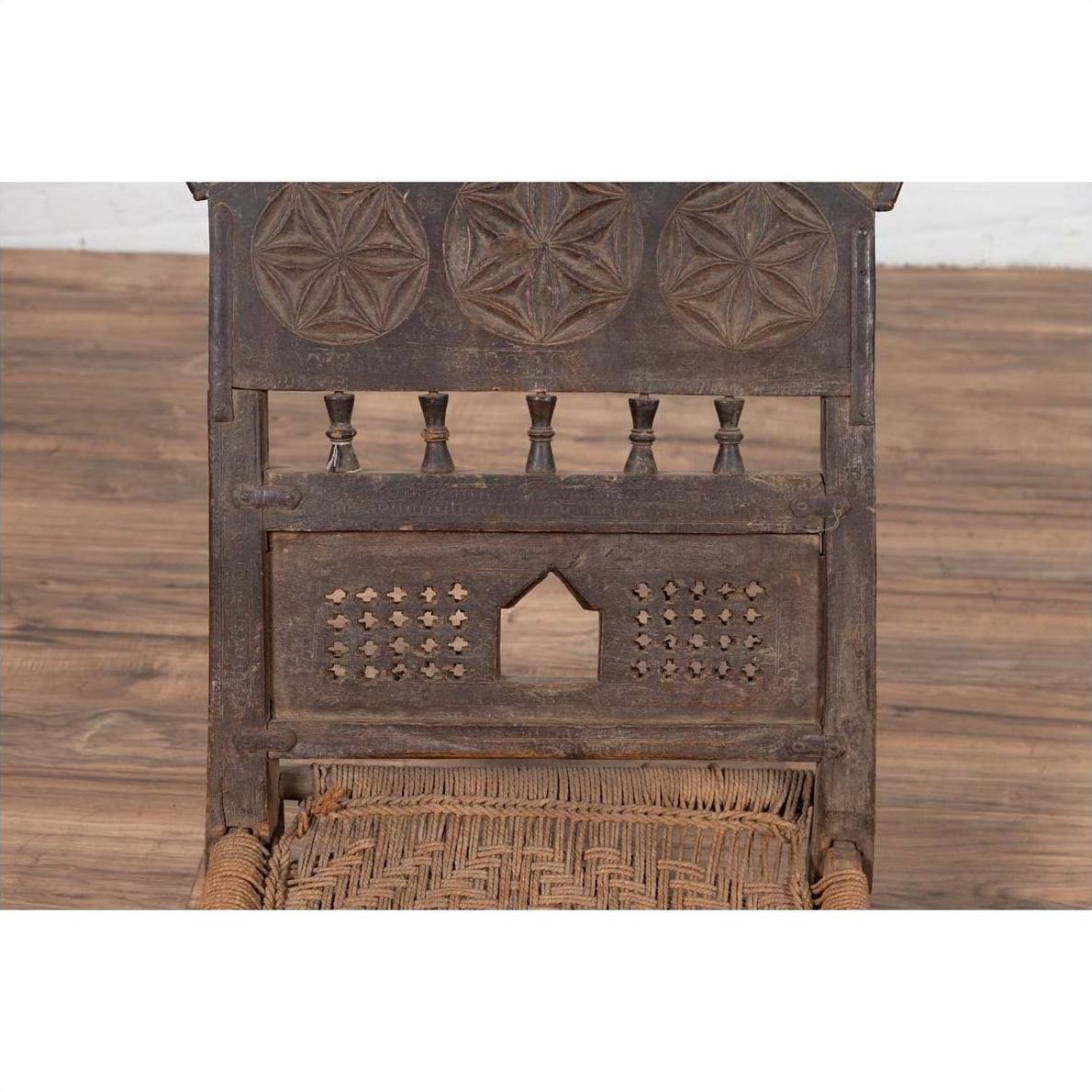 Indian Antique Rustic Low Seat Wooden Chair with Carved Rosettes and Rope Seat-8. Asian &amp; Chinese Furniture, Art, Antiques, Vintage Home Décor for sale at FEA Home