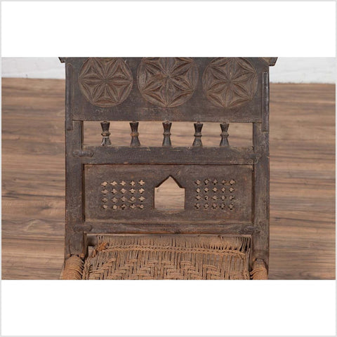 Indian Antique Rustic Low Seat Wooden Chair with Carved Rosettes and Rope Seat-YN6417-8. Asian & Chinese Furniture, Art, Antiques, Vintage Home Décor for sale at FEA Home