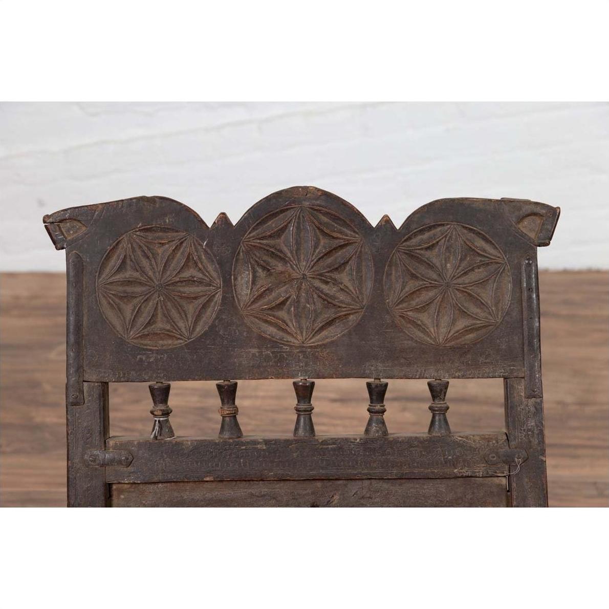 Indian Antique Rustic Low Seat Wooden Chair with Carved Rosettes and Rope Seat-9. Asian &amp; Chinese Furniture, Art, Antiques, Vintage Home Décor for sale at FEA Home