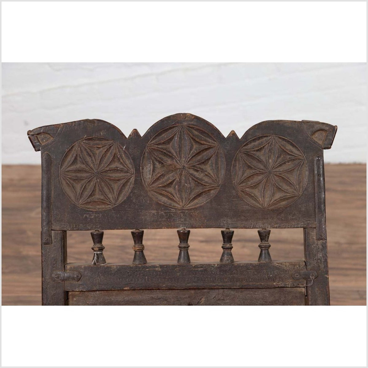Indian Antique Rustic Low Seat Wooden Chair with Carved Rosettes and Rope Seat-9. Asian &amp; Chinese Furniture, Art, Antiques, Vintage Home Décor for sale at FEA Home