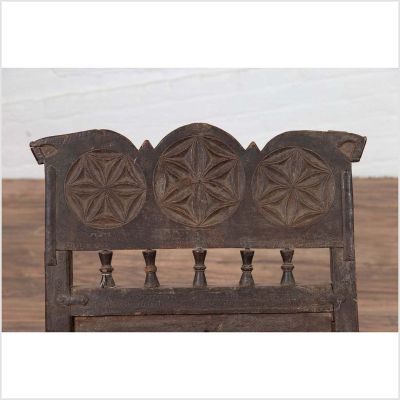 Indian Antique Rustic Low Seat Wooden Chair with Carved Rosettes and Rope Seat-YN6417-9. Asian & Chinese Furniture, Art, Antiques, Vintage Home Décor for sale at FEA Home