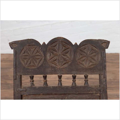 Indian Antique Rustic Low Seat Wooden Chair with Carved Rosettes and Rope Seat-YN6417-9. Asian & Chinese Furniture, Art, Antiques, Vintage Home Décor for sale at FEA Home