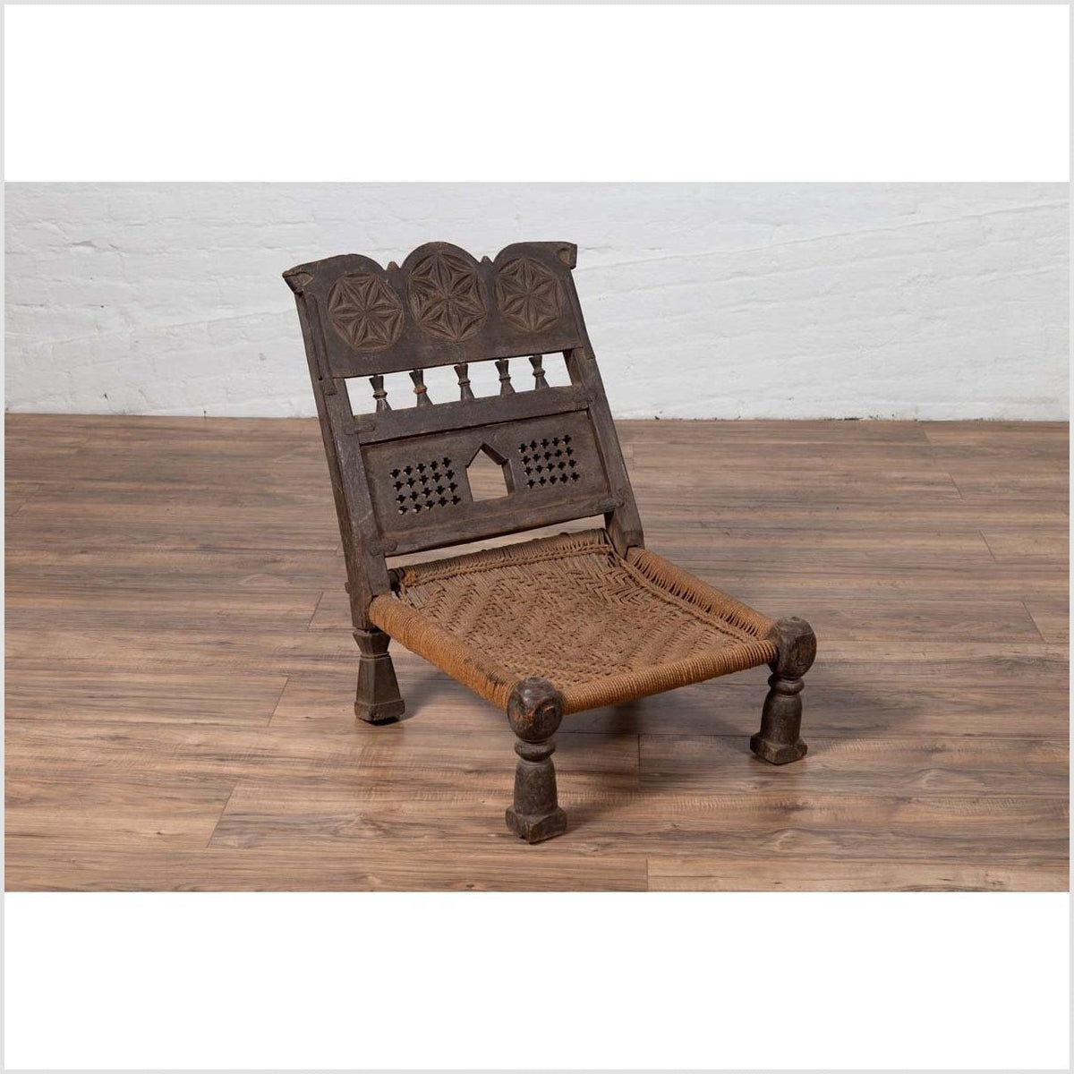Indian Antique Rustic Low Seat Wooden Chair with Carved Rosettes and Rope Seat-2. Asian & Chinese Furniture, Art, Antiques, Vintage Home Décor for sale at FEA Home