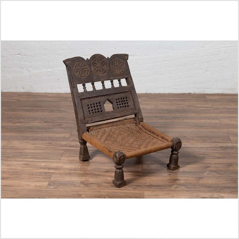 Indian Antique Rustic Low Seat Wooden Chair with Carved Rosettes and Rope Seat-YN6417-2. Asian & Chinese Furniture, Art, Antiques, Vintage Home Décor for sale at FEA Home