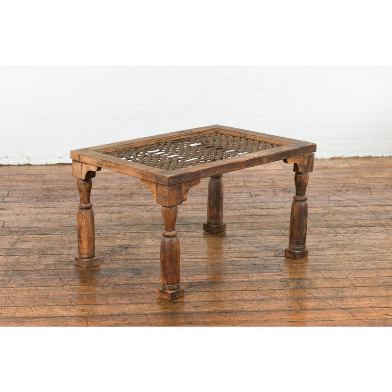 Indian Antique Window Grate Made into a Coffee Table with Turned Baluster Legs-YN7583-13. Asian & Chinese Furniture, Art, Antiques, Vintage Home Décor for sale at FEA Home