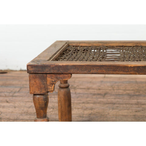 Indian Antique Window Grate Made into a Coffee Table with Turned Baluster Legs-YN7583-3. Asian & Chinese Furniture, Art, Antiques, Vintage Home Décor for sale at FEA Home