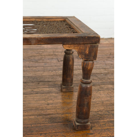 Indian Antique Window Grate Made into a Coffee Table with Turned Baluster Legs-YN7583-7. Asian & Chinese Furniture, Art, Antiques, Vintage Home Décor for sale at FEA Home