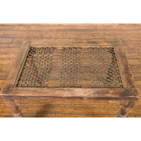Indian Antique Window Grate Made into a Coffee Table with Turned Baluster Legs-YN7583-8. Asian & Chinese Furniture, Art, Antiques, Vintage Home Décor for sale at FEA Home