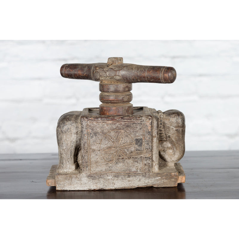 This-is-a-picture-of-a-Indian Antique Wooden Hand Noodle Maker with Carved Elephant and Vice Press-with-image-position-12-style-YN4953-Shop-for-Vintage-and-Antique-Asian-and-Chinese-Furniture-for-sale-at-FEA Home-NYC