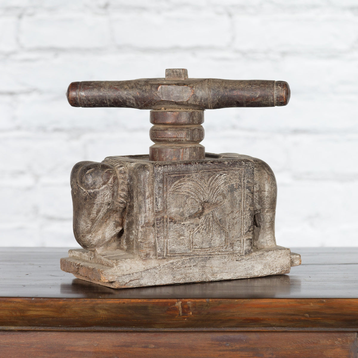 Indian Antique Wooden Hand Noodle Maker with Carved Elephant and Vice Press-2. Asian & Chinese Furniture, Art, Antiques, Vintage Home Décor for sale at FEA Home