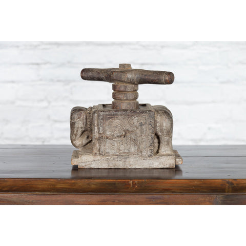 This-is-a-picture-of-a-Indian Antique Wooden Hand Noodle Maker with Carved Elephant and Vice Press-with-image-position-7-style-YN4953-Shop-for-Vintage-and-Antique-Asian-and-Chinese-Furniture-for-sale-at-FEA Home-NYC