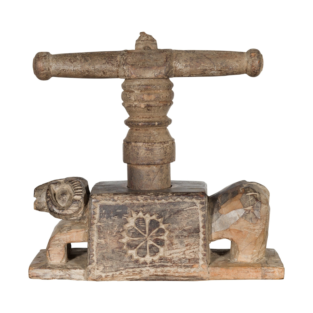Indian Antique Wooden Hand Noodle Maker with Carved Ram and Vice Press-1. Asian & Chinese Furniture, Art, Antiques, Vintage Home Décor for sale at FEA Home