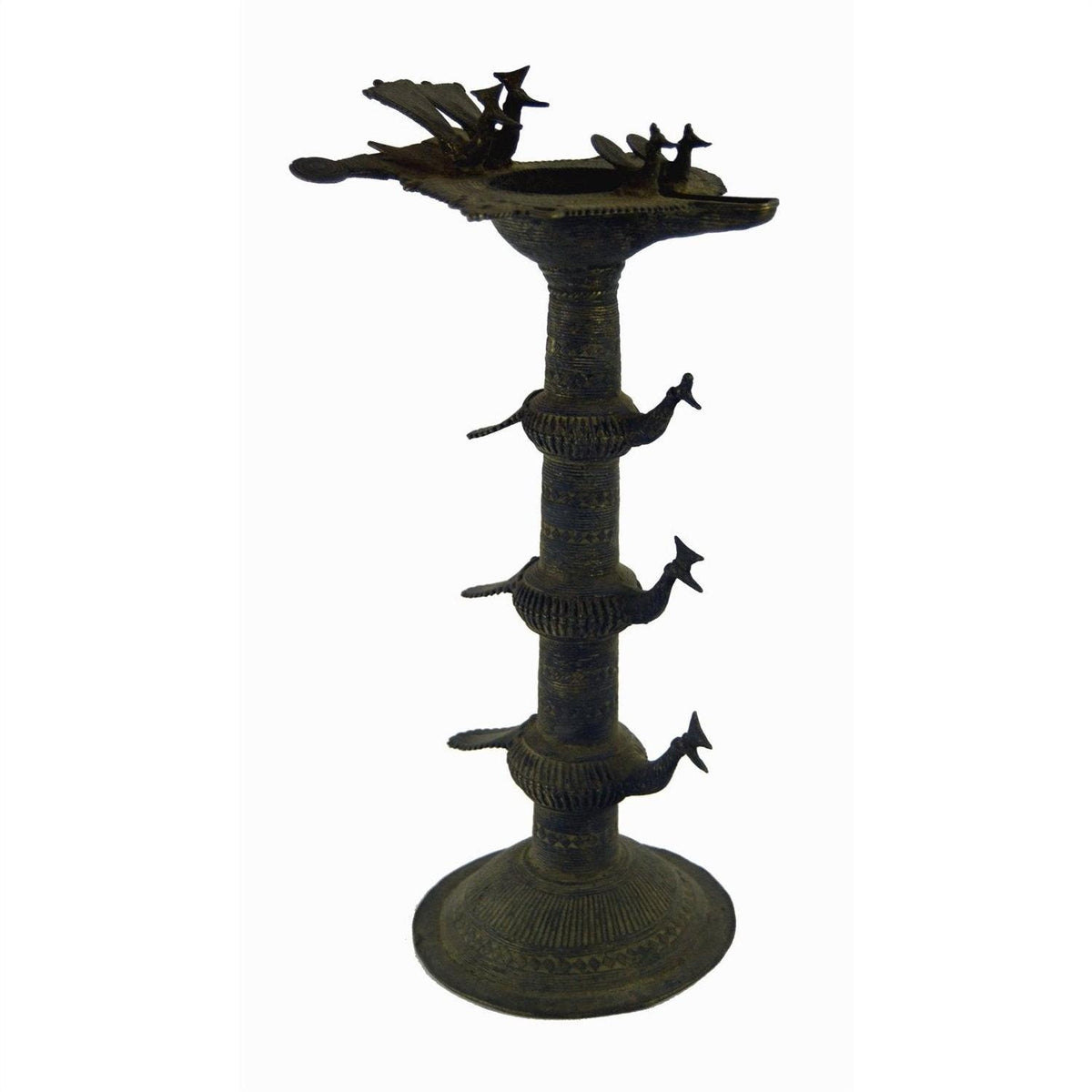 Brass oil burner with animal-shaped spouts and decorative base, 5 1/4 inch diameter, on plain background.