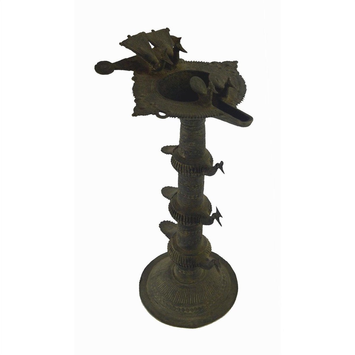 Brass Indian oil burner, tall and ornate with multiple tiers and animal designs, 5.25" diameter, close-up view.