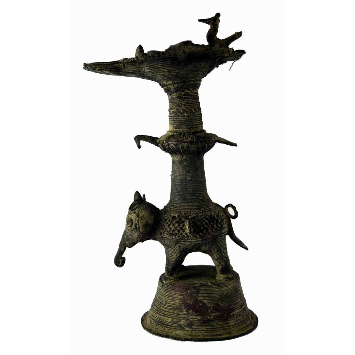 Brass animal-shaped oil burner with vase design and platform on back, close-up against plain background.