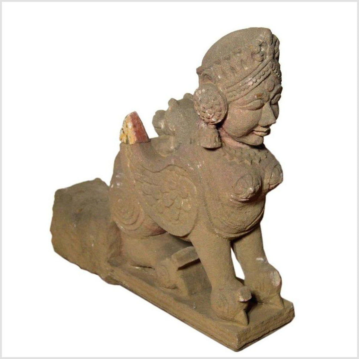 Indian Hand-Carved 19th Century Stone Sphinx Sculpture with Tiara and Earrings-2. Asian & Chinese Furniture, Art, Antiques, Vintage Home Décor for sale at FEA Home
