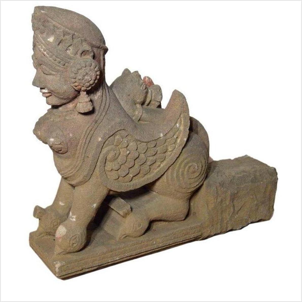 Indian Hand-Carved 19th Century Stone Sphinx Sculpture with Tiara and Earrings-7. Asian &amp; Chinese Furniture, Art, Antiques, Vintage Home Décor for sale at FEA Home