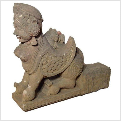 Indian Hand-Carved 19th Century Stone Sphinx Sculpture with Tiara and Earrings-YN5592-7. Asian & Chinese Furniture, Art, Antiques, Vintage Home Décor for sale at FEA Home