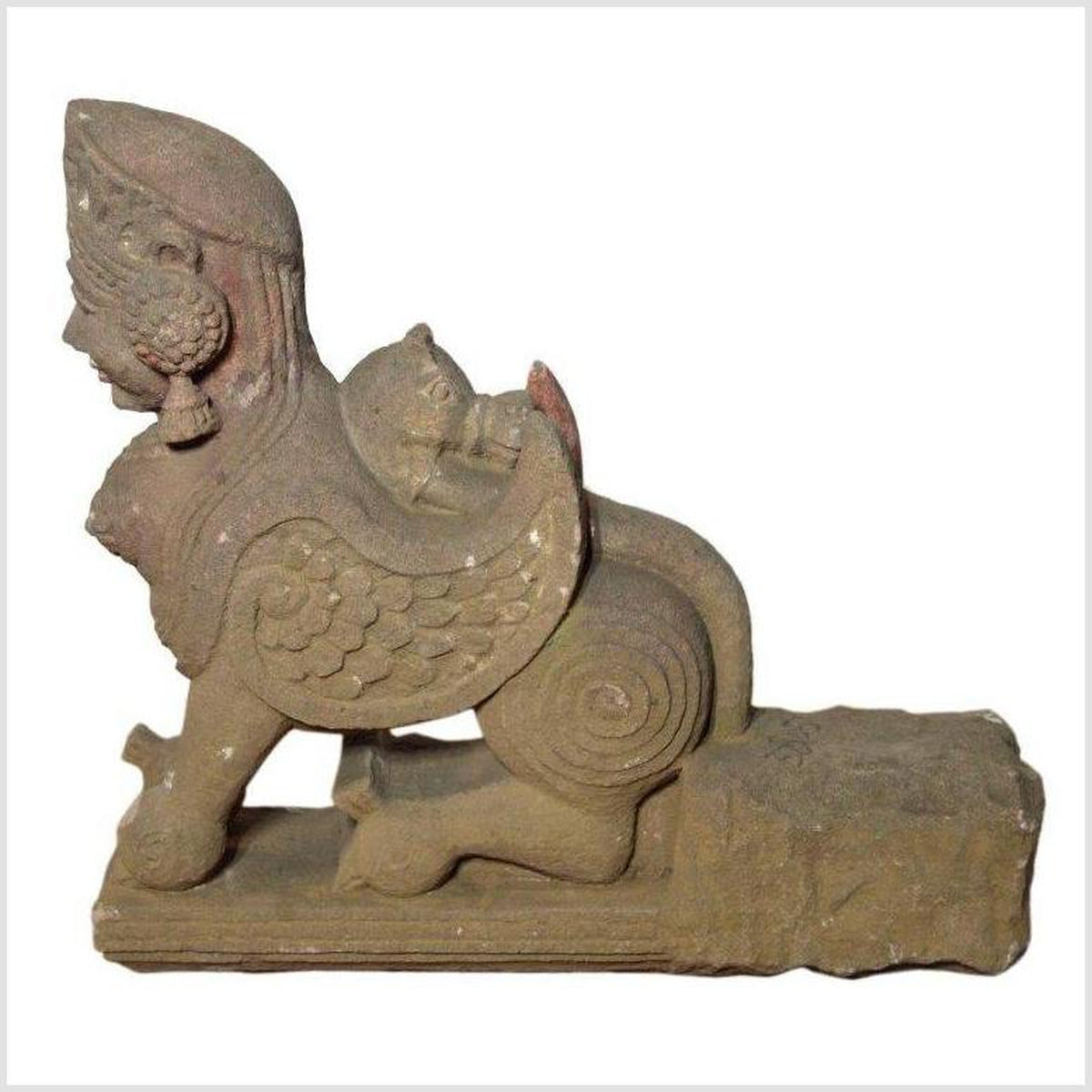 Indian Hand-Carved 19th Century Stone Sphinx Sculpture with Tiara and Earrings-8. Asian &amp; Chinese Furniture, Art, Antiques, Vintage Home Décor for sale at FEA Home