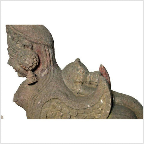 Indian Hand-Carved 19th Century Stone Sphinx Sculpture with Tiara and Earrings-YN5592-9. Asian & Chinese Furniture, Art, Antiques, Vintage Home Décor for sale at FEA Home