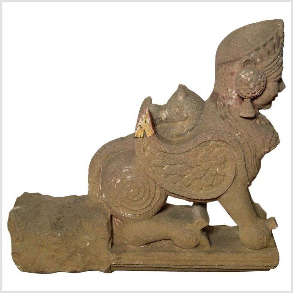 Indian Hand-Carved 19th Century Stone Sphinx Sculpture with Tiara and Earrings-1. Asian & Chinese Furniture, Art, Antiques, Vintage Home Décor for sale at FEA Home