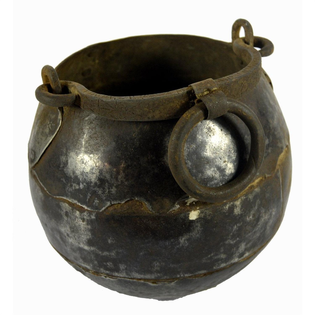 Close-up of a round, weathered iron water jug with ring handle, vintage metal vase, 7-inch size.