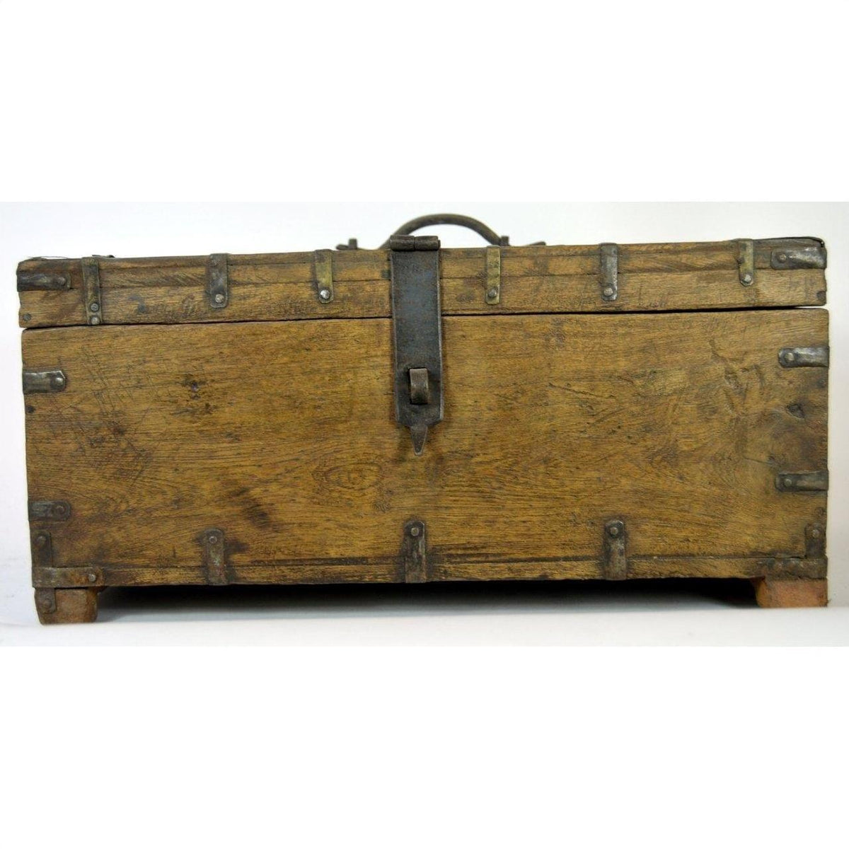 Brown metal Indian Mughal storage box with central latch, top handle, and hinges on a white background.