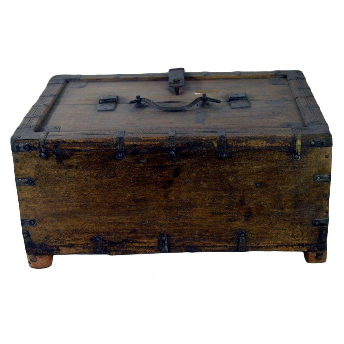 Brown metal-reinforced wooden Mughal storage box with top handle and central latch, close-up.