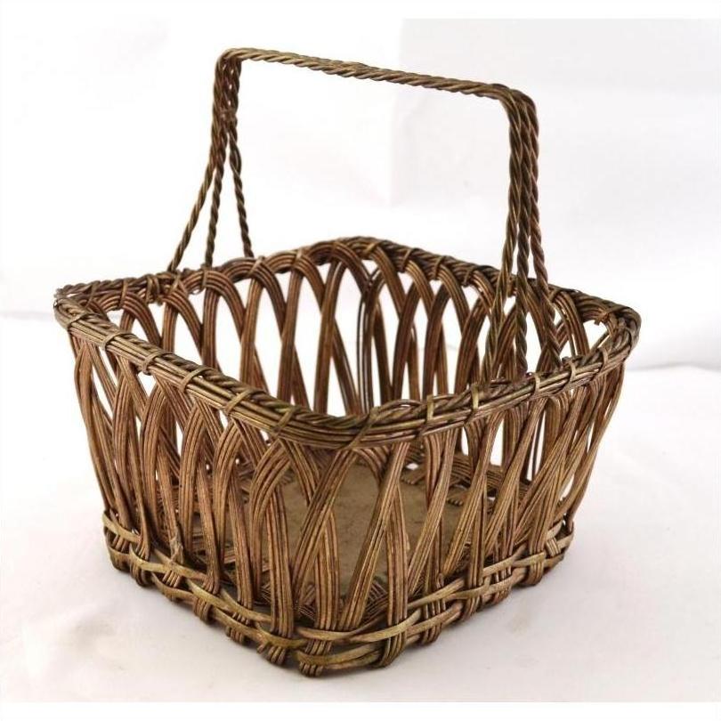 Silver nickel wire square basket with twisted handle on a white background.